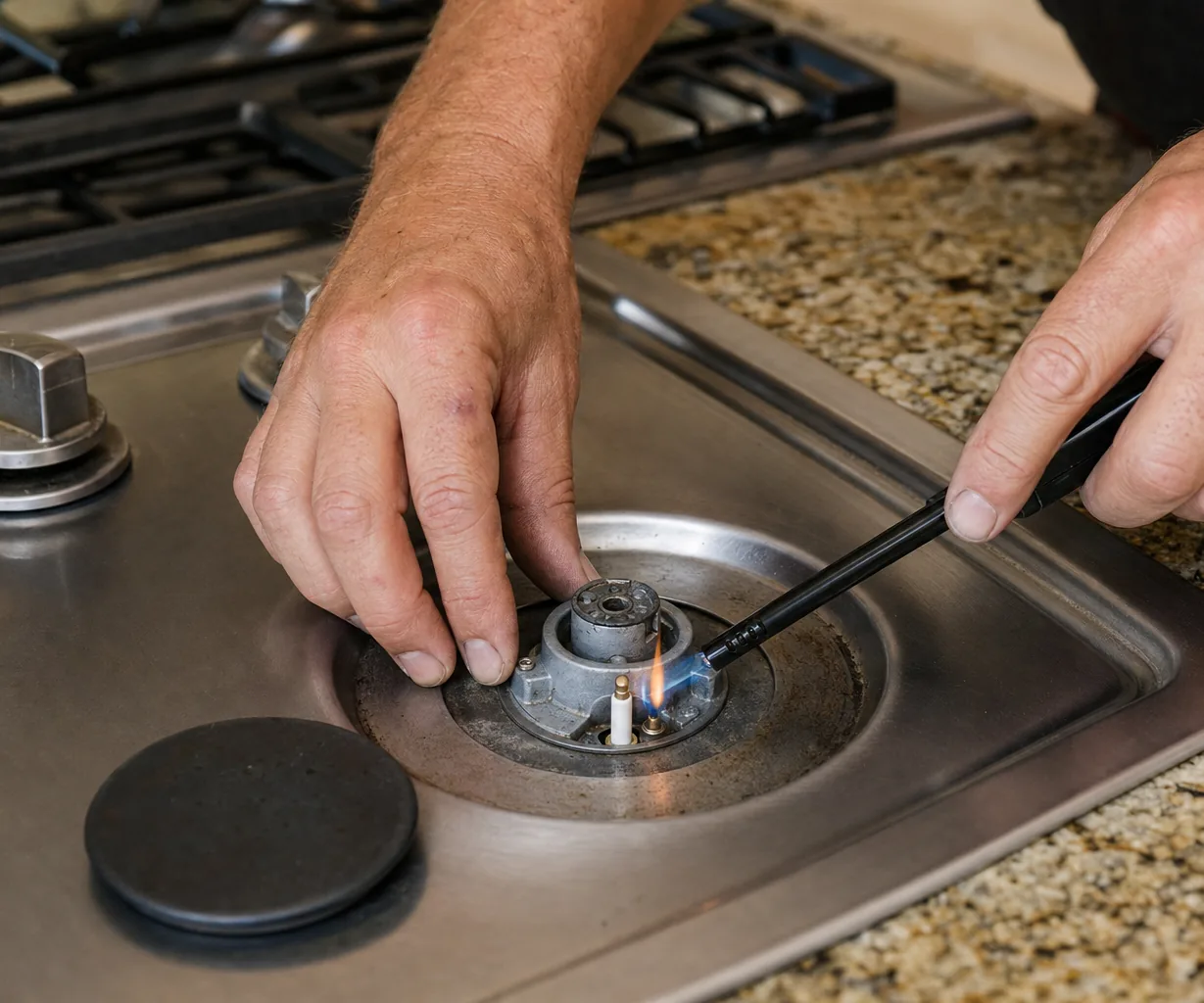 Technician adjusting a gas cooktop burner