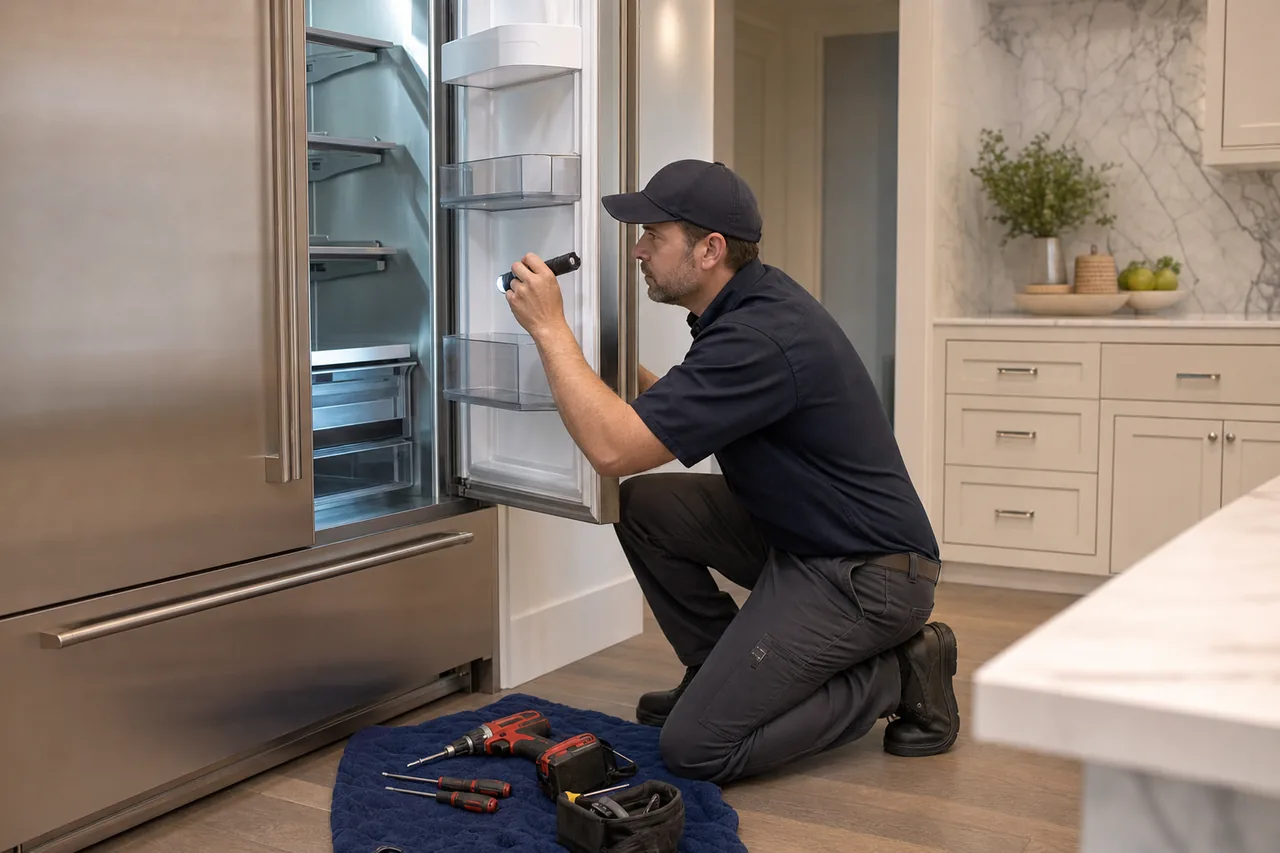 Technician repairing a built-in refrigerator mid-repair
