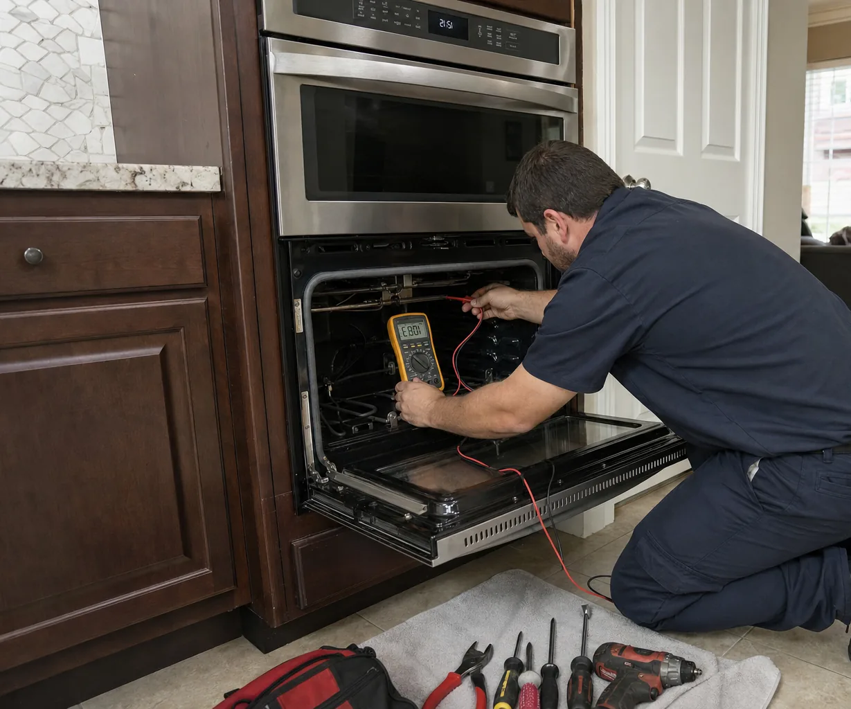 Technician servicing a built-in wall oven on a same-day visit
