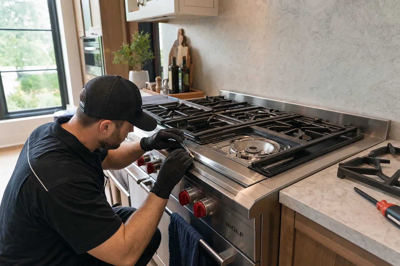 Technician servicing a stainless Wolf range