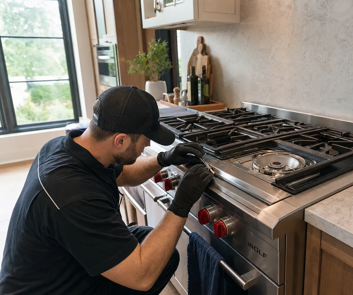 Technician servicing a stainless Wolf range in a Harrison kitchen